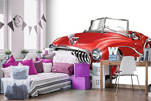 Vlies Fototapete RETRO ROTES AUTO 375 x 250 cm (inkl. Kleister) - Vlies Tapete, Wandtapete, Wandbilder - Tapete für Wohnzimmer Schlafzimmer, Büro, Küche - Montagefertig