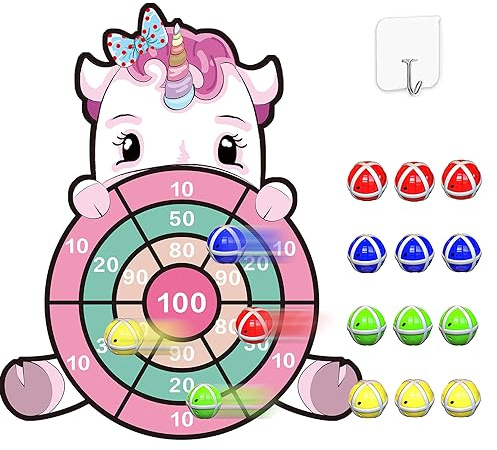 Einhorn Geschenke für Mädchen 3–9,Groß Einhorn Spielzeug Kinder Klett Dartscheibe mit 12 Klebrigen Bällen Hängendes Dart Wurfspiel Sets Geschenk Mädchen 4-9 Jahre Geburtstagsgeschenk für Kinder 4–11