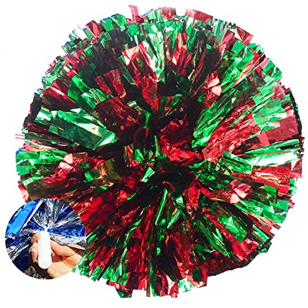 SHTGOI 2 pompones de porristas de metal con asa de animadora, flores de mano, para eventos deportivos, juegos de pelota, bailes, fiestas de carnaval, rojo y verde