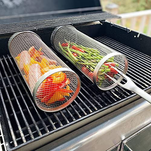 Runde Edelstahl-Grillkörbe zum Rollen für Outdoor-Grillen, Grillzubehör für Camping, Grillgitter für Gemüse, Fisch und Pommes Frites, klein