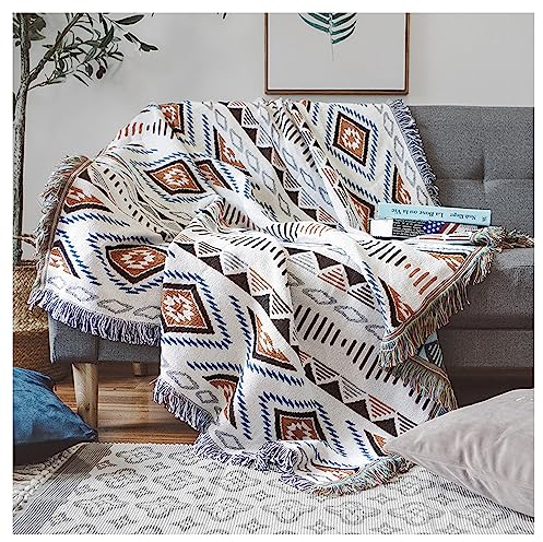 Czyminrout Boho Decke Sofadecke mit Quaste，Sofaüberwürfe Strick Kuscheldecke Bettwurf，Aztekischer ethnischer Stil Decke，für Zuhause,Büro,Reisen, Zelten (Geometrische Muster, 130 * 180cm)