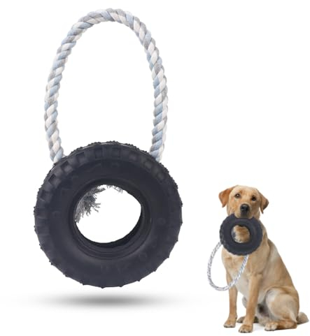 COMFPET Tough Chew Toy With Cotton Polyester Rope, Natural Rubber Tire for Large Dogs, Heavy Duty Dental Chews for Extreme Chewers
