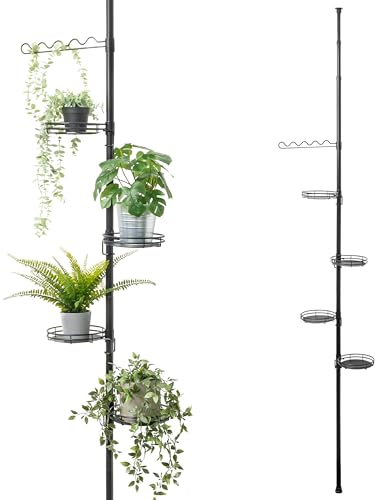 bremermann Scaffale telescopico per Fiori con 4 Ripiani e Supporto per rampicanti, per Soggiorno, corridoio, Bagno o Cucina - con Altezza di Installazione variabile da 140 a 290 cm (Nero)