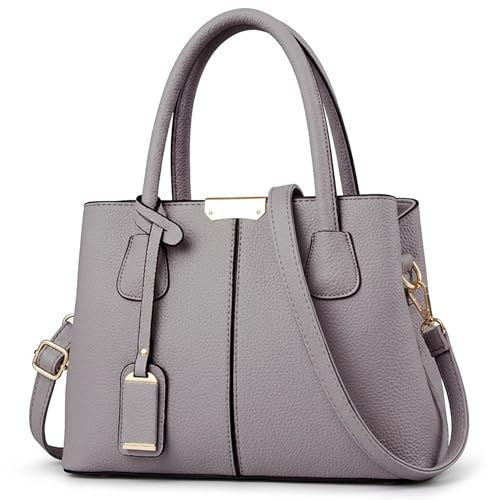 FOLOVEYA Hellgrau Handtasche Damen Mode PU-Leder Tasche mit Anhänger | Elegante Große Henkeltasche, Damen Schultertasche mit mehreren Fächern, Umhängetasche mit Gurt für Alltag Arbeit Reisen