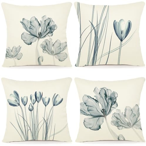 ZWJD Blumen Kissenbezug 50x50 4er Set Outdoor Kissen Dekokissen Leinen Kissenhülle Kissenbezüge Florales Aquarellgemälde Kissenhüllen für Sofa Wohnzimmer Zierkissen 50x50cm