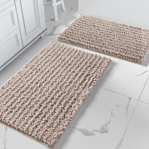 Yimobra Badezimmerteppich Set 2 Teilig, Chenille, rutschfeste Badematte - Luxuriöser Komfort für Ihr Badezimmer, 51 x81 + 43 x 61 cm, Beige