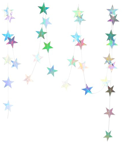XQMMGO 5 Stück 4m Papier Girlande Glitzer Bunt Deko, Hängende Iridescent Runde Garland, Party deko, Lametta Vorhang, Discokugel deko, Deko gartenparty (Fünfzackiger Stern)