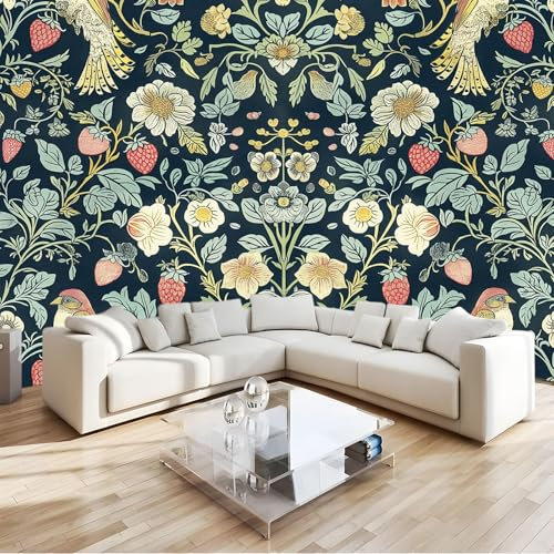 Papel Pintado Pared Panorámico William Morris Pájaros Fresa 200 x 140 cm Fotomurales No Tejido, Murales Decoración de Pared, Póster Gigante de Pared Personalizado 3D Para Salón Dormitorio