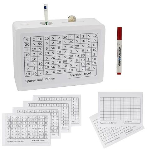 Premium Sparbox • weiß • FERTIG MONTIERT • Wiederverwendbar • 6 Sparziele • Sparbox mit Zahlen zum Ankreuzen • Spardose mit Sparziel 100€, 200€, 500€, 1000€, 2X DIY • inklusive Stift • Kiefernholz