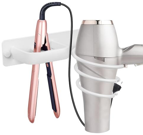 YUET Hair Dryer Holder Hairdryer Straightener Station Wall Mounted Metal Spiral Shelf Bracket Stand Hanger Organizer Blow Storage With Cable Tidy Rack For Dressing Table Bathroom Professional White