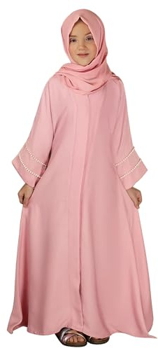 FYMNSI Muslim Dress for Girls Kids Prayer Outfits Chiffon V-Neck Maxi Abaya One-Piece Dress Robe with Hijab Set