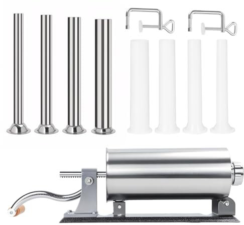 Makamsui Manual Sausage Stuffer, Stainless Steel Vertical Sausage Stuffer with 8 Stuffing Tubes, Horizontal Meat Filling Kitchen Machine for Home Kitchen Restaurant Commercial Sliver 3L