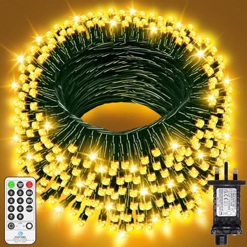 60M 500 LED Fairy Lights Outdoor Green Wire String Lights Plug in Waterproof Christmas Lights Mains Powered with Remote Timer 8 Modes for Outside Garden Patio Yard House Party Decorations Warm White