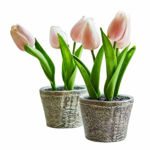 Loberon Deko-Tulpe 2er Set Zéphine, rosa | von Hand Gefertigt, Topf im Vintage-Look, Frühlingshafte Dekoration, Kunstblumen, Polyester, Zement, Polyresin