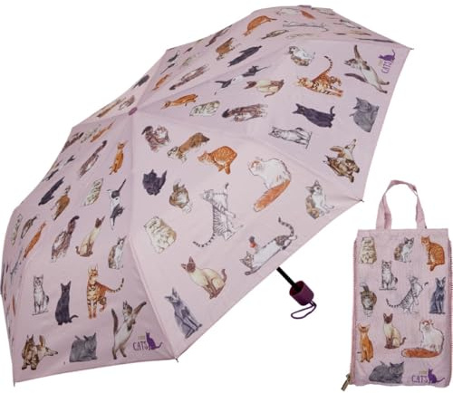 Die Spiegelburg Taschenschirm & Duo Bag I love Cats- robuster Regenschirm - Durchmesser ca. 98 cm - Länge ca. 55 cm - mit Einkaufstasche im Katzendesign - pinker Hintergrund