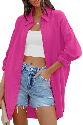 Cicy Bell Damen Bluse Oversized Langarm Button Down mit Taschen | Oberteil,Casual,Langarmshirt,Einfarbig,T-Shirts,Herbst Locker Tops,Hemd