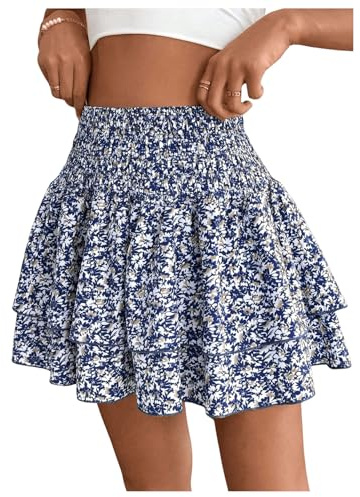SOLY HUX Damen Rock Sommer Böhmisch A-Linien Röcke Blumenmuster Kurz Rock Hohe Taille Sommerrock Mehrschichtig Casualrock Strandoutfit Dunkelblau M