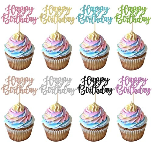 SYKYCTCY 24 Pack Happy Birthday Cupcake Toppers Glitter Celebrating Birthday Cupcake Picks for Baby Shower Kids Birthday Theme Party Cake Decorations Supplies