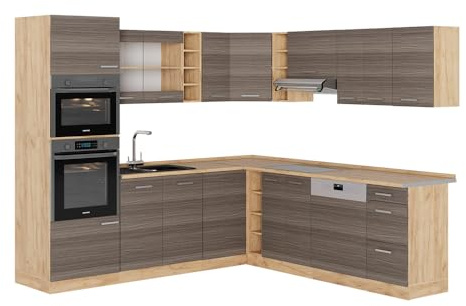 Vicco Eckküche R-Line, Edelgrau/Goldkraft Eiche, 247 x 60 cm, AP Eiche, zum individuellen Aufbau und zur Erweiterung mit Zusatzmodulen