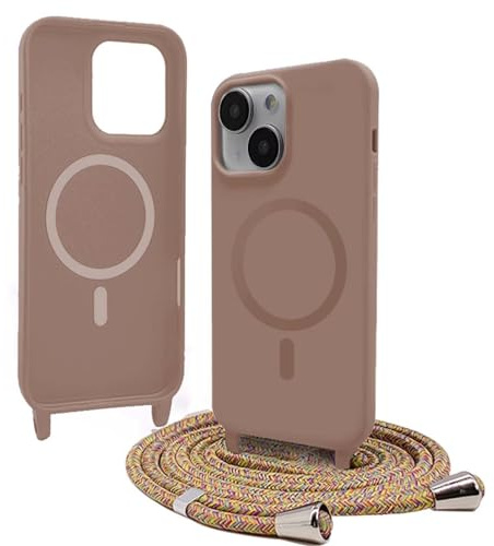 Bigcousin Handykette für iPhone 14 Hülle mit Band,Magnetisch kompatibel mit Magsafe,Silikon Necklace Handyhülle mit verstellbar und abnehmbar,Braun