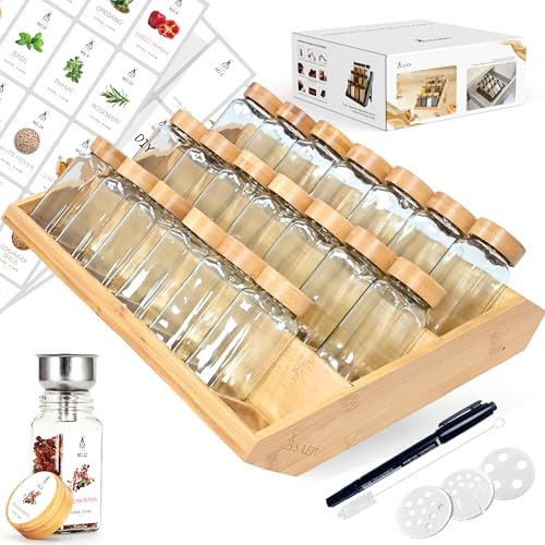SAEIV Bocaux À Épices Carrés Avec Étagère En Bambou 2-En-1 (FCM®) - Lot De 21X120Ml Saupoudreuses, 120 Étiquettes, Compatible Position Debout & Tiroir - Organisateur Avec Insert Distributeur, Sans BPA
