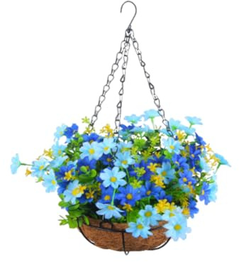 JOYWU Artificial Hanging Plants Flowers Basket for Outdoor,44 x 28cm Hanging Colorful Daisy Artificial Flowers and Green Leaves in Coconut Pot,Outside Spring Summer Hanging Decoration (blue)