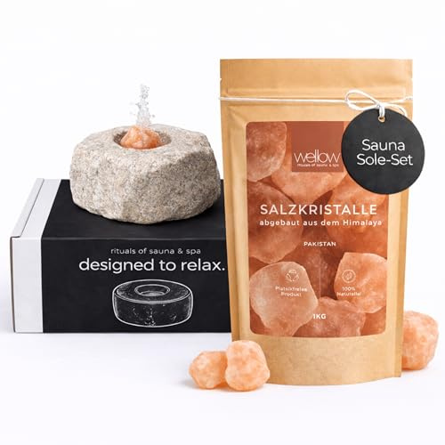 wellow® Sole-Set für die Sauna – 1 kg Himalaya-Salzkristalle + Spezial-Dampfstein – für intensiven Sole-Aufguss & wohltuendes Saunaklima – Saunasalz für Sauna & Solebad