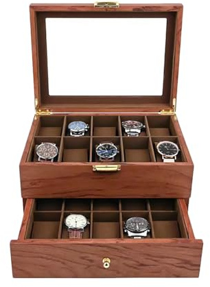 YEITBY Boîte à montres en bois massif à 20 compartiments avec tiroir Valet, organisateur d'affichage, boîte à montres en bois massif, insert en microdaim, porte-accessoires pour homme, boîte à bijoux