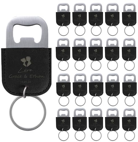 20 Pcs Personalised Bottle Opener Keyring Wedding Favors for Guests Leather Beer Bottle Opener Keychain Laser Engraved Custom Gifts, Black