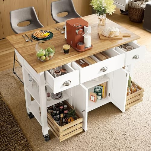 Cayipng Isla de Cocina con Ruedas Multifunción y Regleta, Carrito Móvil con Cajón Extraíble, Botellero, Veta de Madera y Estructura Blanca, Mueble Auxiliar Buffet para Comedor y Cocina