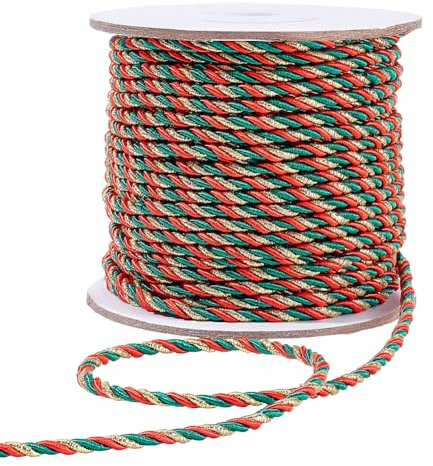 PH PandaHall Cordoncino intrecciato a 3 strati da 33 m, 3 mm, verde e rosso, corda decorativa metallizzata, corda di seta lucida, per casa, handfasting, lauree, decorazioni natalizie, sacchetti regalo