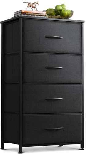 Coleshome Tall Chest of Drawers Bedroom, 4 Fabric Drawers, Black | Small and Narrow Drawers, Wooden Top, Sturdy Steel Frame, Suitable for Bedroom and Living Room, 40 x 30 x 80 cm