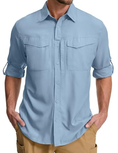 Asfixiado Chemise pour Homme Safari UPF50+ Protection UV Manches Longues Chemise de Randonnée Fonctionnelle d'Extérieur Respirante à Séchage Rapide, Bleu, Taille L