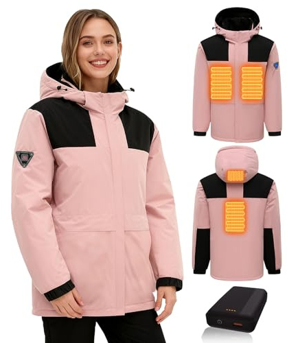 Ylightn Veste Chauffante Homme Femme avec Batterie 20000mAh, 4 Zones de Chauffage et 3 Réglages de Température, Blouson Chauffant, Imperméable Manteau Chauffante (Women Pink, M-Medium)