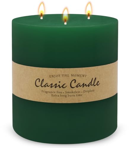 Large 3-Wick Green Pillar Candle - 6x6 Inch Dripless & Smokeless Unscented Fat Candle, 120 Hour Long Burning Hand-Poured Thick Candle with Cotton Wicks