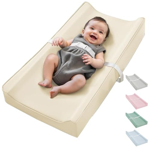 KMSUPERB Wickelauflage 80x40cm – Veganes Leder, Wasserdicht & Abwischbar | Extra Dicke & Rutschfeste Wickelunterlage mit Sicherheitsgurt – Für Wickeltisch, Reise, Babybett (Beige)