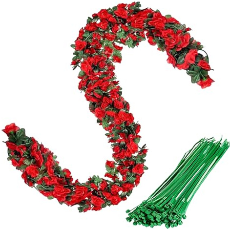 ZenyTra 3X Rote Rosen Girlande 2,4m Kunstblumen | 135 Blüten mit 20 Kabelbinder | Wetterfeste Hochzeitsdeko für Garten, Balkon, Terrasse | Künstliche Seidenblumen Outdoor Deko