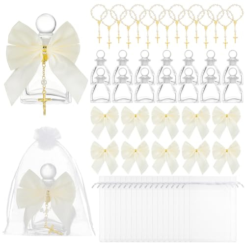 INTERWARM Set di 16 bottiglie sacre per battesimo con croce da 50 ml, contenitore per acqua santa, in vetro con sacchetto di organza, regalo per gli ospiti, per la Santa Comunione, chiesa di