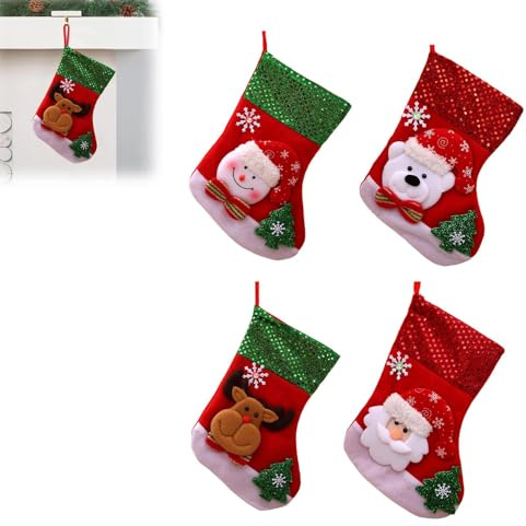 Generisch 4Pcs Weihnachtsstrümpfe,Nikolausstiefel zum Befüllens,Cartoon-Weihnachtsmann, Elch, Schneemanns, Weihnachtsstrümpfe zum Aufhängen,Weihnachtsbaum Deko