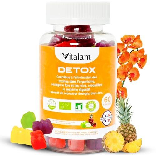 Vitalam Gummies Detox au Curcuma, Digestion, Detox foie, Elimination Toxines, Draineur, Perte de poids, Bruleur de graisse – Sans Sucre – Goût Fraise et Ananas, 60 gummies, cure 1 mois