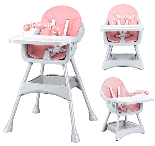 UBRAVOO Umbaubarer Hochstuhl Klappbar,Zusammenklappbar,Leicht zu reinigen, Gepolsterter Sitz, Fußstütze,Tablett und Getränkehalter,Maximale Belastung 15 kg,Alter 6 Monate (Rosa, Umbaubarer Hochstuhl)