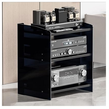 HiFi Audio Rack Tower Adjustable 3Tier Media Stand Modern Turntable Console Shelf AV Storage Unit for Home Theater Dark Finish Stereo Cabinet