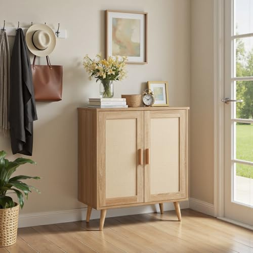 Warmiehomy Rattan Sideboard for Living Room Kitchen Storage Unit with 2 Doors and Shelf Kitchen Cupboard with Wood Handle Storage Cabinet for Dining Room Hallway Furniture (75x40x89cm)