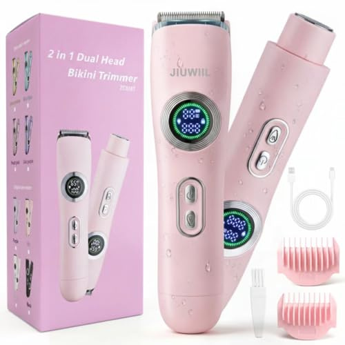 Bikini Trimmer for Women, JIUWIIL 2 in 1 Electric Razors for Women, IPX7 Waterproof Dual Head Electric Shaver,Wet & Dry Use Body Hair Trimmer, Facial Hair Remover for Bikini Underarm Leg Arm (Pink)
