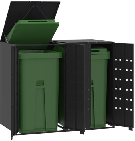 Mokuyary Rangement à roulettes pour poubelles pour 2 bacs Noir Acier, Abri de Jardin Cache pour poubelles, Conteneur d'extérieur Coffre de Rangement