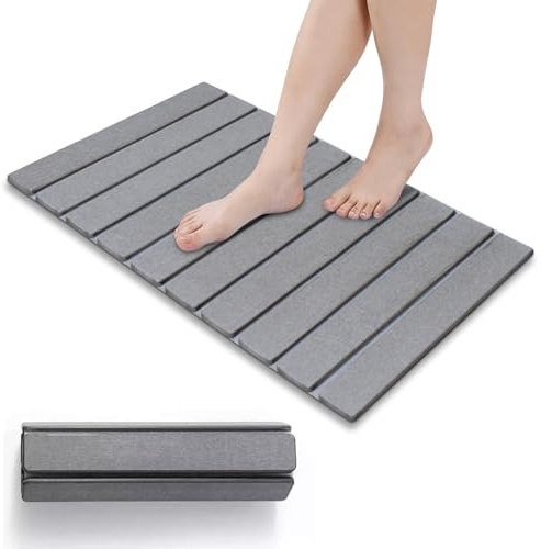 VVancha Tech Foldable Bath Mat, Natural Diatomaceous Earth Non-Slip Fast Drying Super Absorbent 60x39cm Shower Mat for Bathroom Kitchen (Gris Claro)