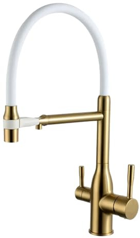 Rubinetto Lavello Cucina 3 vie con Doccetta Estraibile Doppia Maniglia Rubinetto Flessibile 3 vie per Depuratore Rotazione 360°,Oro Spazzolato
