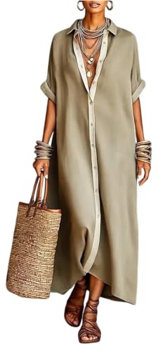 Hemdkleid Damen Lang Sommerkleid Damen Leicht Und Luftig Strandkleid Tunika Kleid Halbarm Maxikleid Elegant Kleider Mit Knöpfen Shirtkleid Sommer Maxi Hemdblusenkleid A Linie Sommerkleider