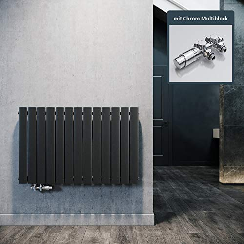 ELEGANT Design Heizkörper Horizontal mit Chrom Multiblock 630x1001mm Einlagig Anthrazit Badezimmer/Wohnraum Paneelheizkörper Mittelanschluss Flachheizkörper