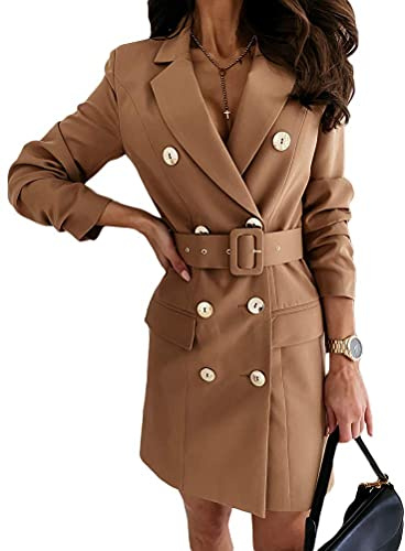 ORANDESIGNE Vestido a Rayas con Doble Botonadura Cuello en V Manga Larga Mini Blazer Vestidos de Oficina Elegante Sólido Cuadros Vestido Negocios Slim Fit Chaquetas de Oficina Abrigo X Caqui 46